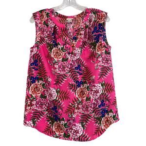 J Crew Bright Pink Tropical Floral V-Neck Sleeveless Top Sz 4‎ Resort Girl Boss